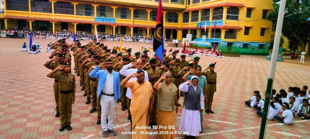 NCC cadets in their new uniforms saluting during the Independence Day celebration at St. Ann’s Convent School, Pathapatnam.